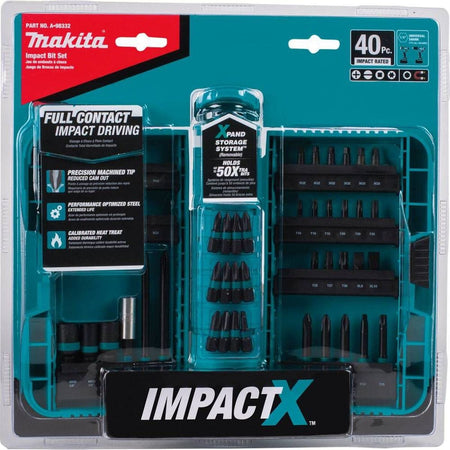 Front view of the Makita A-98332 ImpactX 40-piece set in its original retail blister pack, emphasizing the full-contact impact driving technology and the removable Xpand storage system.