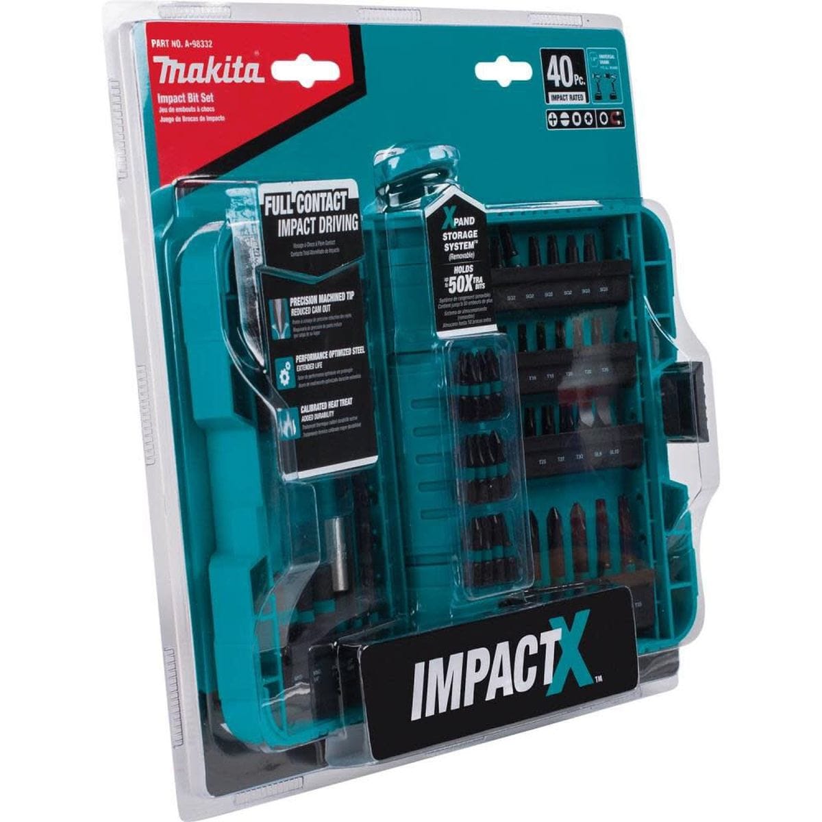 A side-angle view of the Makita ImpactX driver bit set packaging, showcasing the durable teal storage case designed to withstand the extreme power of high-torque impact drivers.