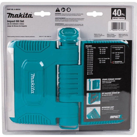 The back of the Makita A-98332 retail package, providing a complete list of included 1-inch, 2-inch, and 3.5-inch bits, nut drivers, and a detailed explanation of the Xpand storage system features.