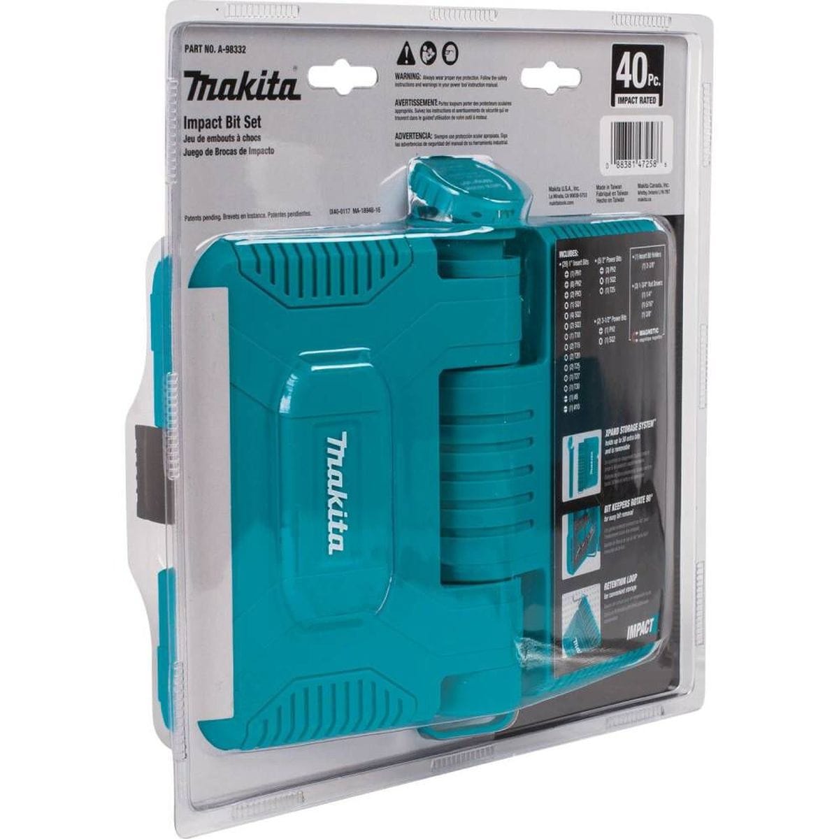 A rear-angle view of the Makita ImpactX bit set in its clear retail clamshell, illustrating the compact and portable design of the S2 steel fastening kit.