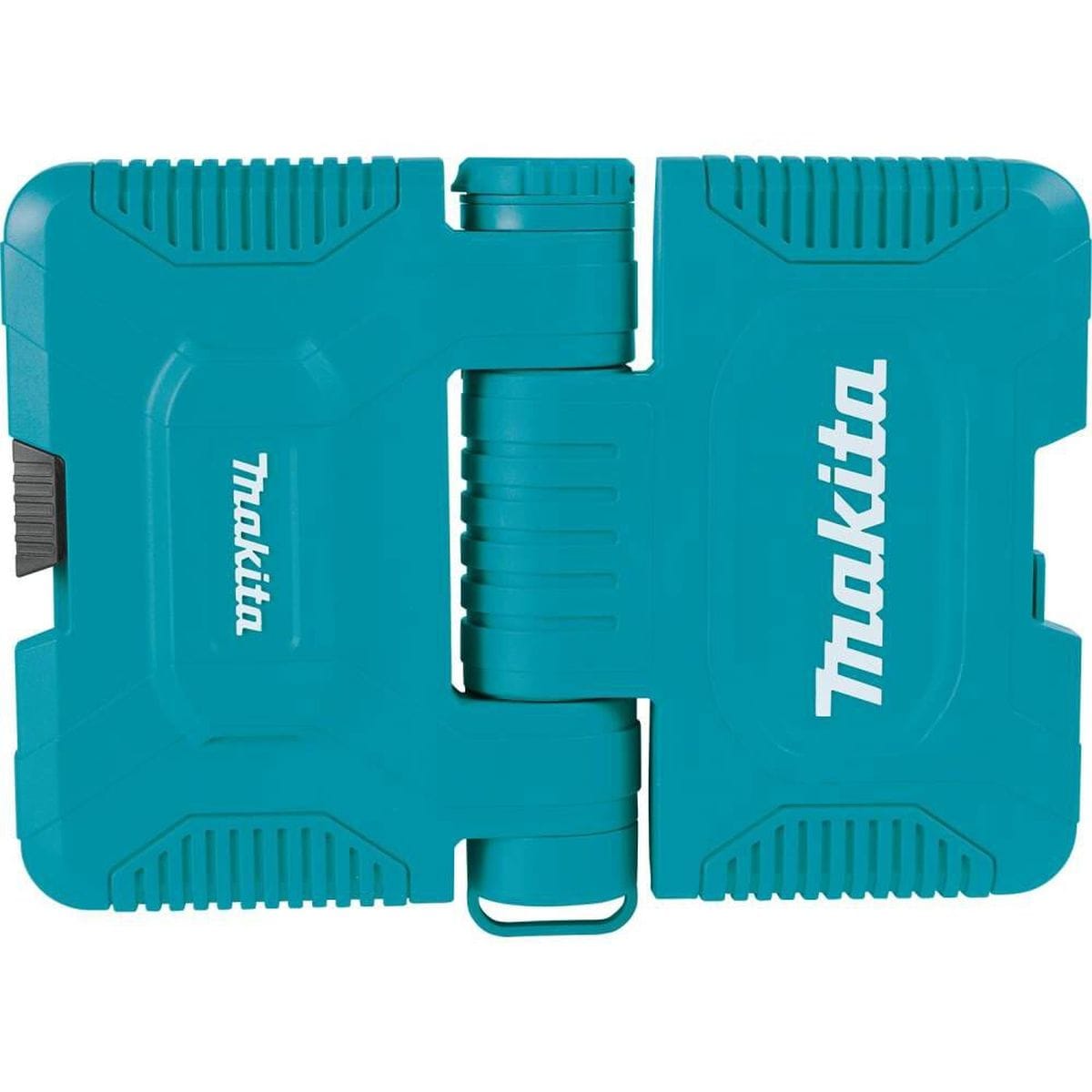 The exterior front view of the closed teal Makita ImpactX storage case, featuring the embossed Makita logo and a rugged, impact-resistant housing for jobsite protection.