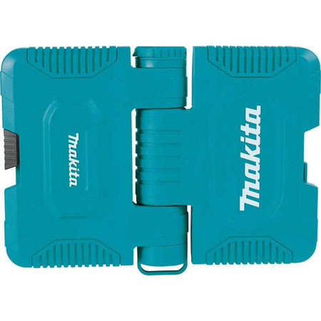 The exterior front view of the closed teal Makita ImpactX storage case, featuring the embossed Makita logo and a rugged, impact-resistant housing for jobsite protection.