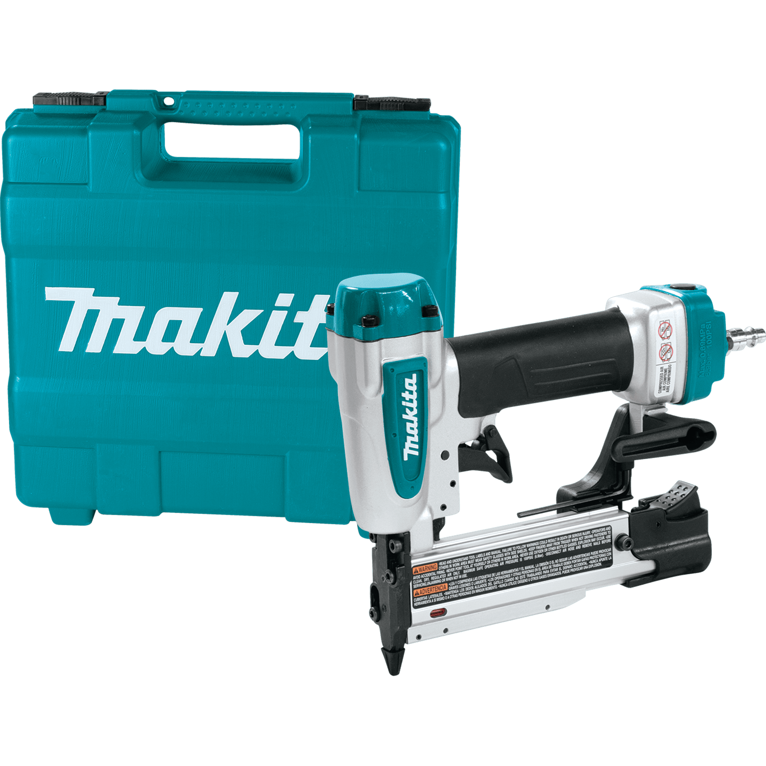 Makita AF353 pneumatic 23 gauge 1-3/8 inch air powered pin nailer resting next to its protective teal hard tool case.