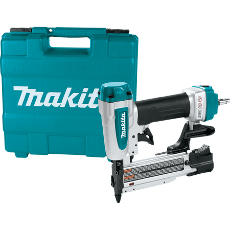 Makita AF353 pneumatic 23 gauge 1-3/8 inch air powered pin nailer resting next to its protective teal hard tool case.
