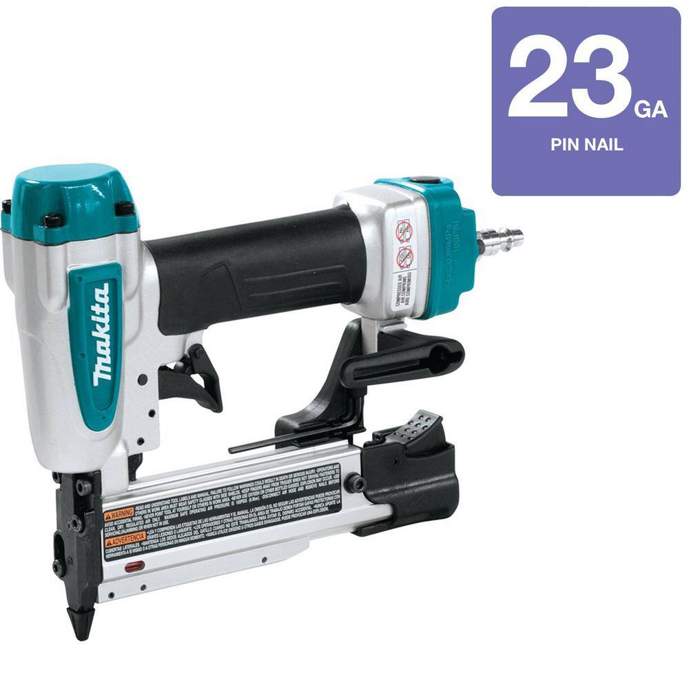 Left profile of the Makita AF353 pneumatic air powered pin nailer featuring a graphic overlay highlighting its compatibility with 23 gauge finish pins.