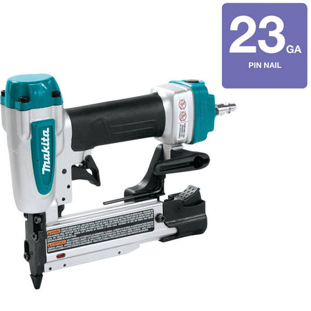 Left profile of the Makita AF353 pneumatic air powered pin nailer featuring a graphic overlay highlighting its compatibility with 23 gauge finish pins.