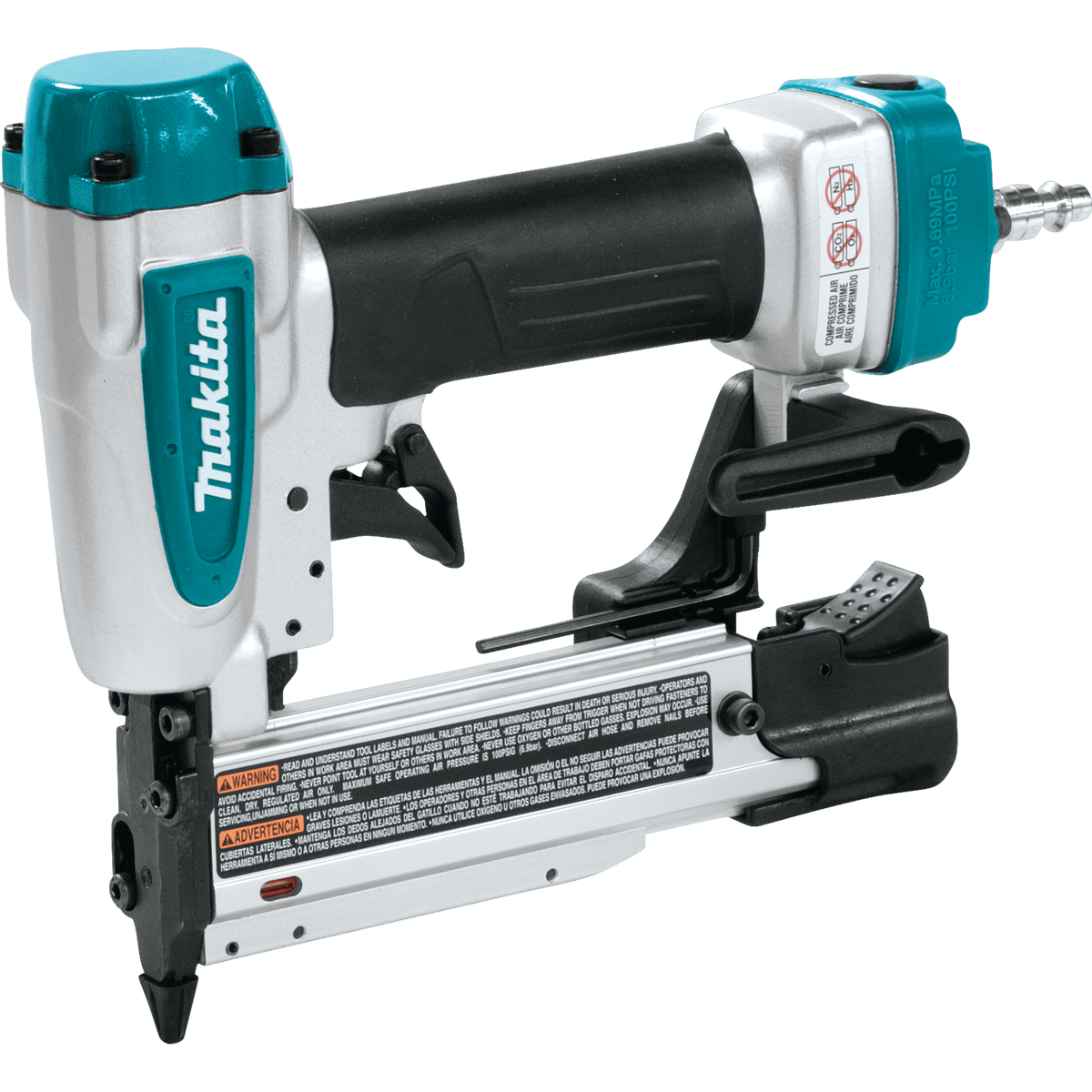 Left side profile of the Makita AF353 pneumatic 23 gauge pin nailer showcasing the durable aluminum body, double two-finger trigger, and side-loading magazine.