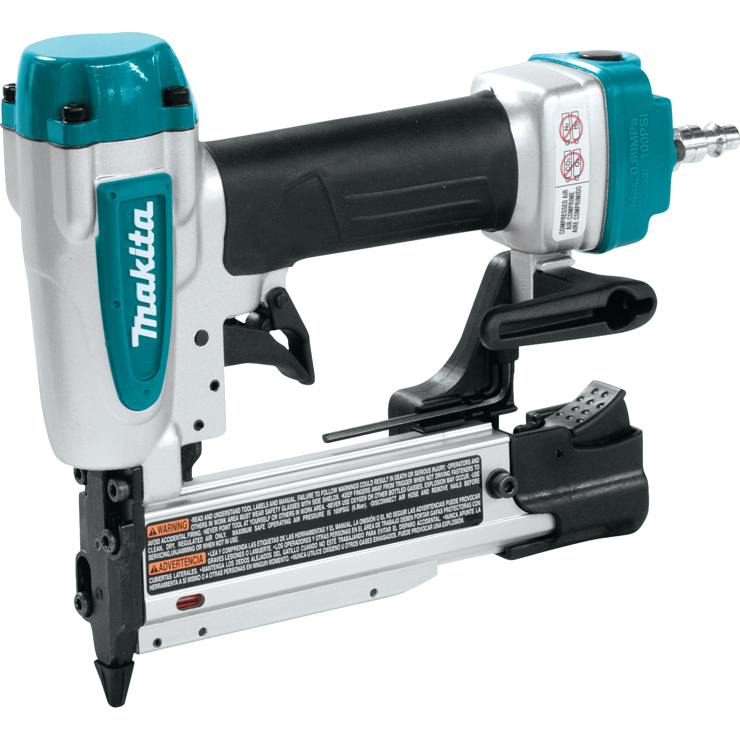 Left side profile of the Makita AF353 pneumatic 23 gauge pin nailer showcasing the durable aluminum body, double two-finger trigger, and side-loading magazine.