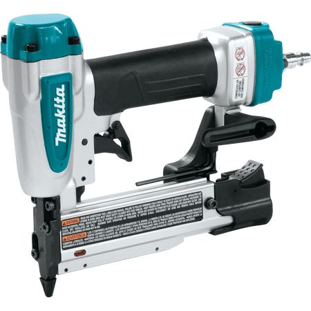 Left side profile of the Makita AF353 pneumatic 23 gauge pin nailer showcasing the durable aluminum body, double two-finger trigger, and side-loading magazine.