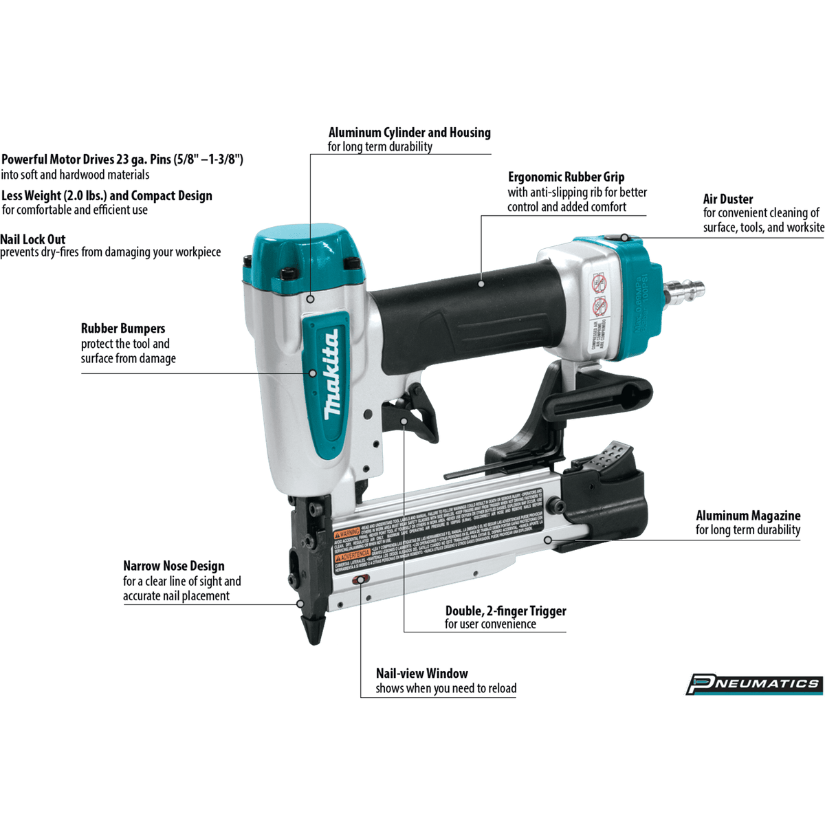 Diagram of the Makita AF353 pneumatic pin nailer highlighting key woodworking features including the narrow nose design, rubber bumpers, nail view window, and ergonomic rubber grip.