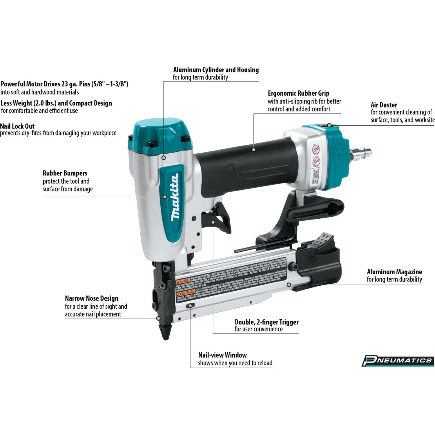 Diagram of the Makita AF353 pneumatic pin nailer highlighting key woodworking features including the narrow nose design, rubber bumpers, nail view window, and ergonomic rubber grip.