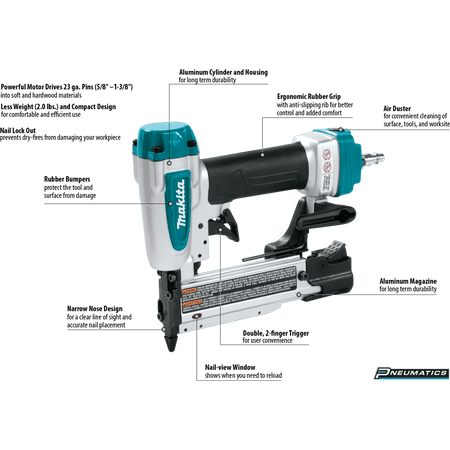 Diagram of the Makita AF353 pneumatic pin nailer highlighting key woodworking features including the narrow nose design, rubber bumpers, nail view window, and ergonomic rubber grip.