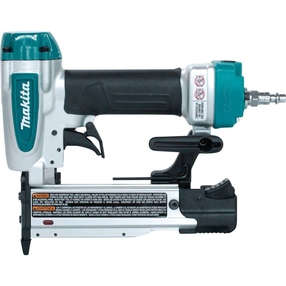 Right side profile of the Makita AF353 air powered pin nailer displaying the reversible belt hook, rear exhaust port, and 1/4 inch NPT air inlet fitting.