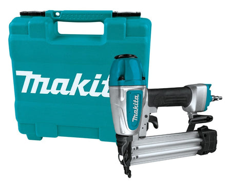 A studio shot of the Makita AF506 brad nailer next to its teal Makita-branded hard carrying case.