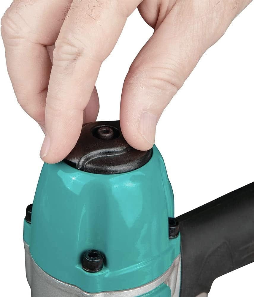 A close-up of a hand adjusting the 360-degree multi-directional exhaust port on the cap of the Makita AF506.