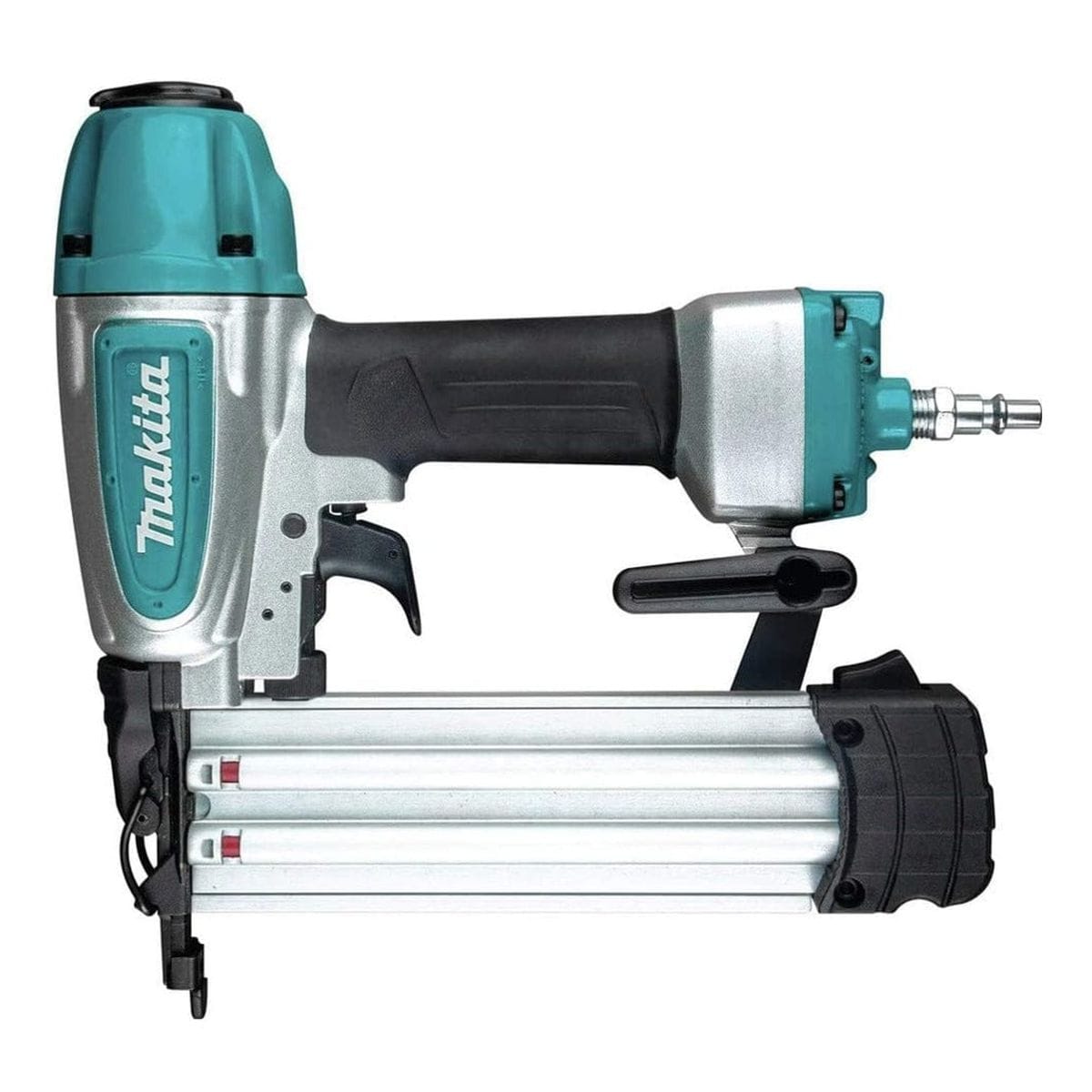 A full side profile studio shot of the Makita AF506 18-gauge brad nailer.