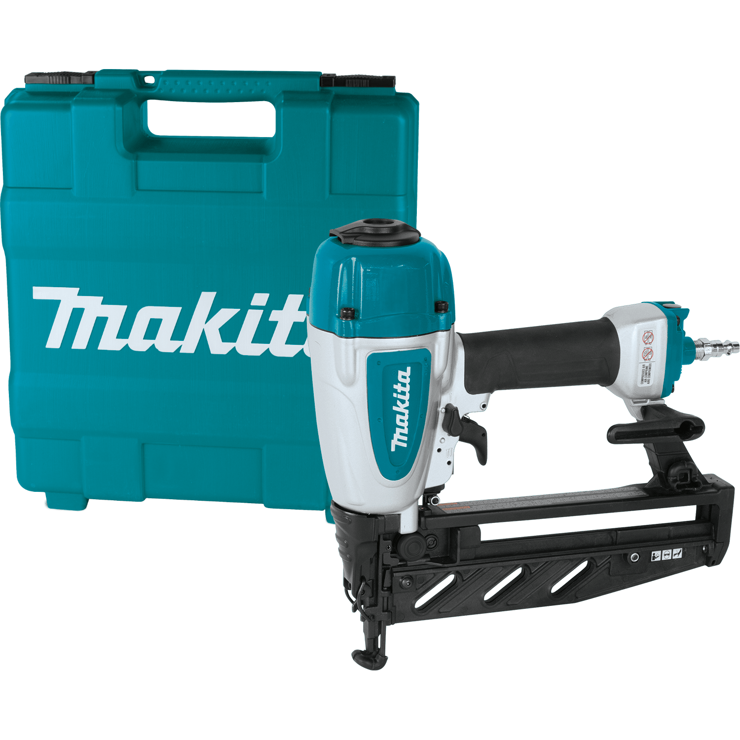 Makita AF601 pneumatic 16 gauge straight finish nailer kit, including the air powered nail gun and teal protective hard tool case.