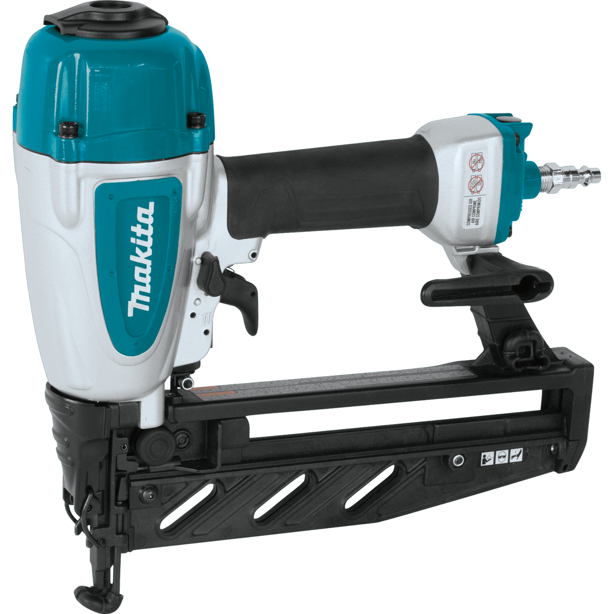 Right side profile of the Makita AF601 pneumatic straight finish nailer, highlighting the durable magnesium body, integrated rubber soft grip, and 1/4 inch NPT air inlet.