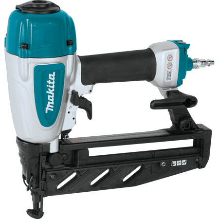Right side profile of the Makita AF601 pneumatic straight finish nailer, highlighting the durable magnesium body, integrated rubber soft grip, and 1/4 inch NPT air inlet.