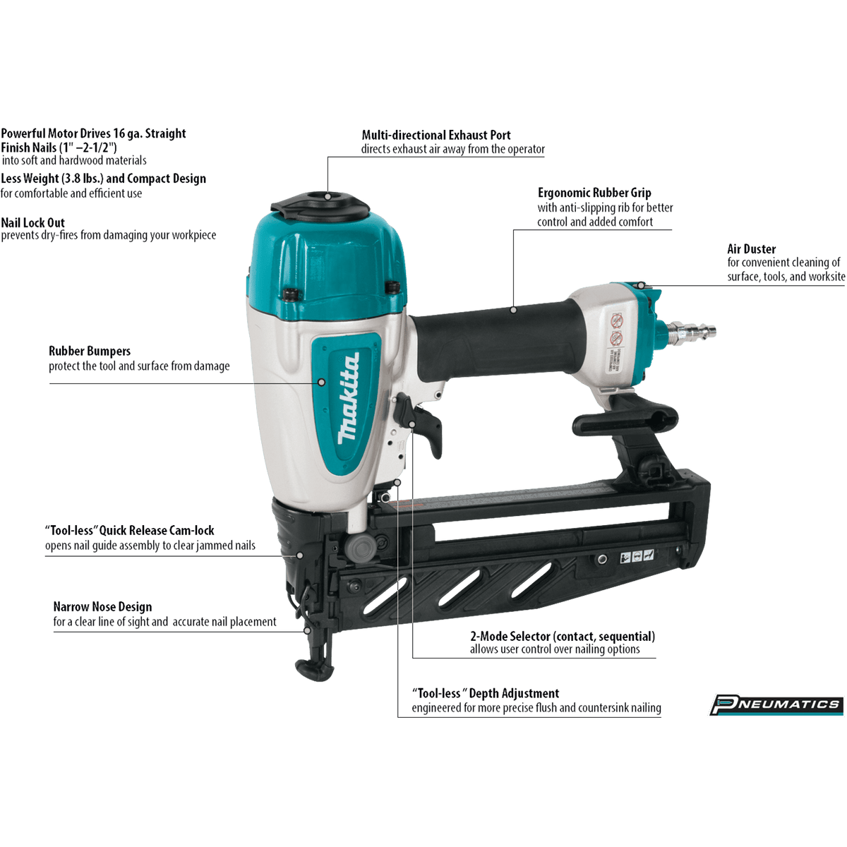 Left side profile of the Makita 16 gauge air powered finish nailer displaying the 100-nail capacity straight magazine and multi-directional exhaust port.