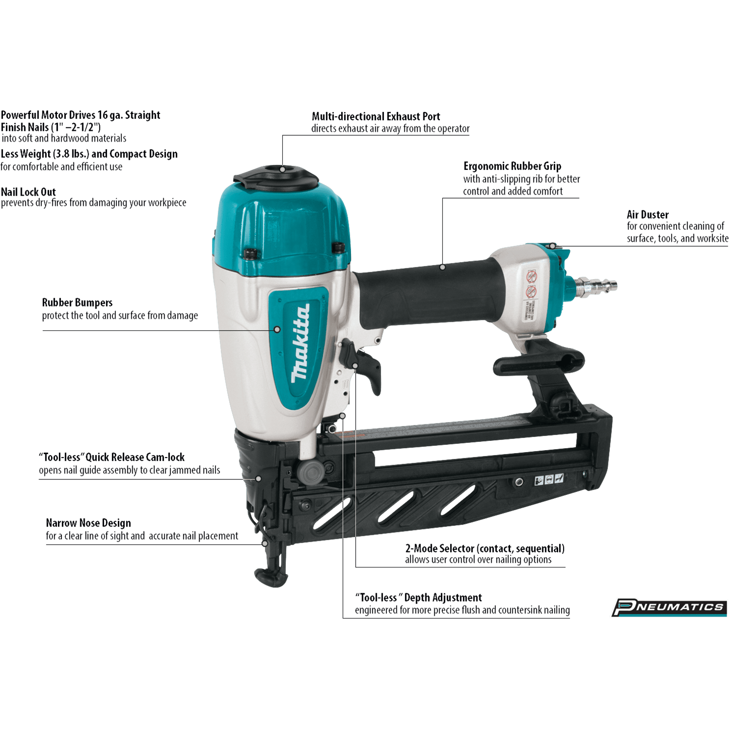 Left side profile of the Makita 16 gauge air powered finish nailer displaying the 100-nail capacity straight magazine and multi-directional exhaust port.