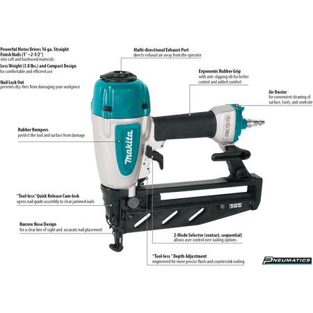 Left side profile of the Makita 16 gauge air powered finish nailer displaying the 100-nail capacity straight magazine and multi-directional exhaust port.