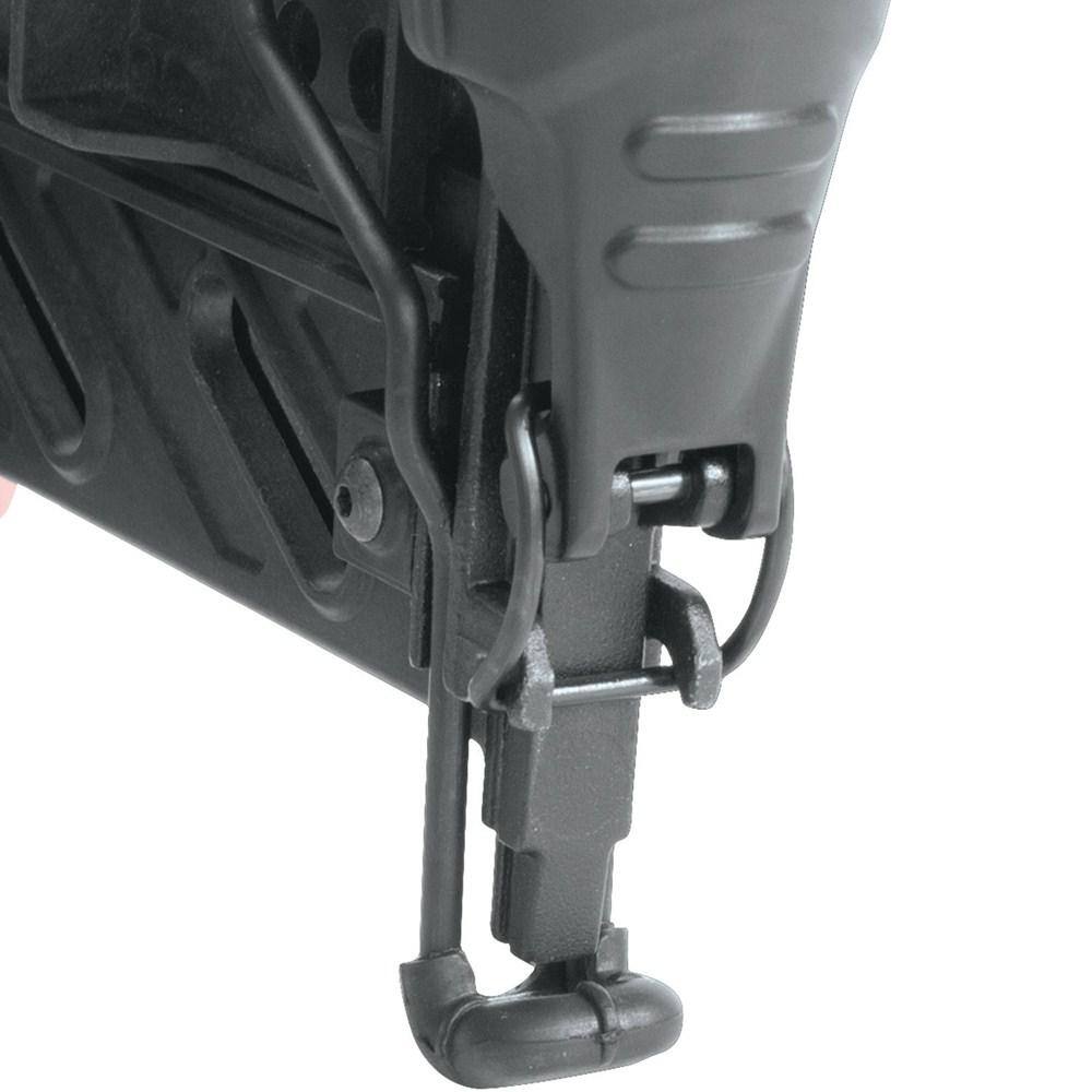 Detailed view of the nail lock-out window on the Makita AF601 16 gauge magazine, alerting the user to reload finish nails and protect the tool from dry fires.