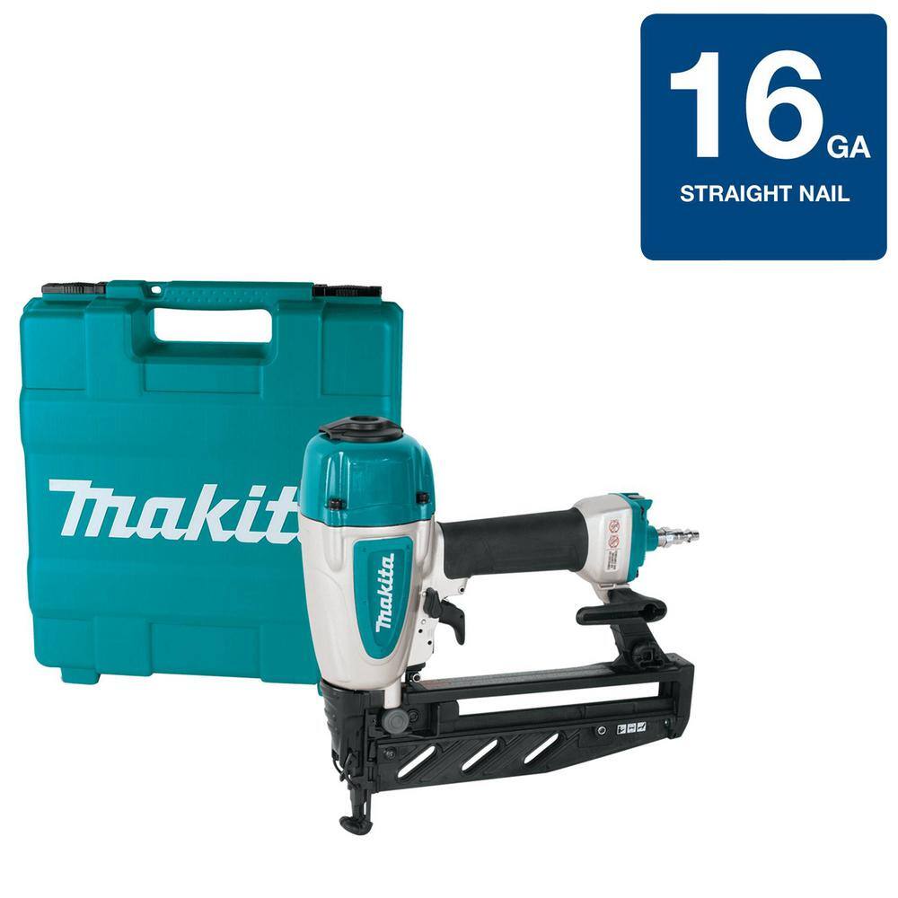 Left side profile of the Makita AF601 pneumatic straight finish nailer featuring a graphic overlay highlighting its compatibility with 16 gauge finish nails.