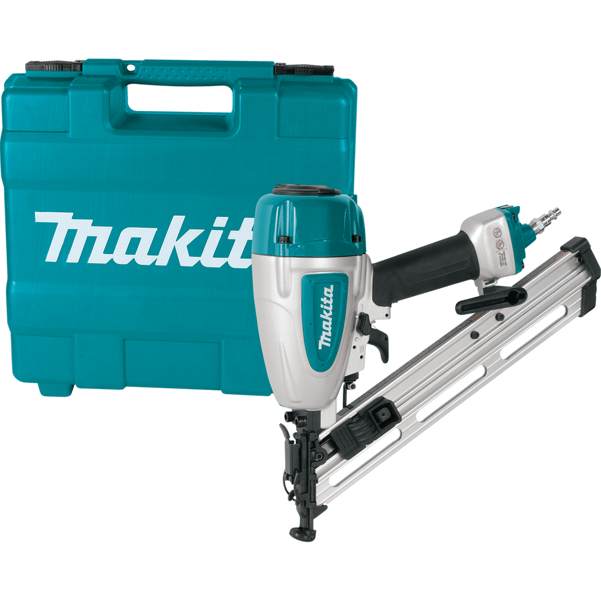 Makita AF635 pneumatic 15 gauge 34 degree angled finish nailer kit, displaying the air powered tool, safety glasses, tool oil, and protective teal hard case for woodworking.
