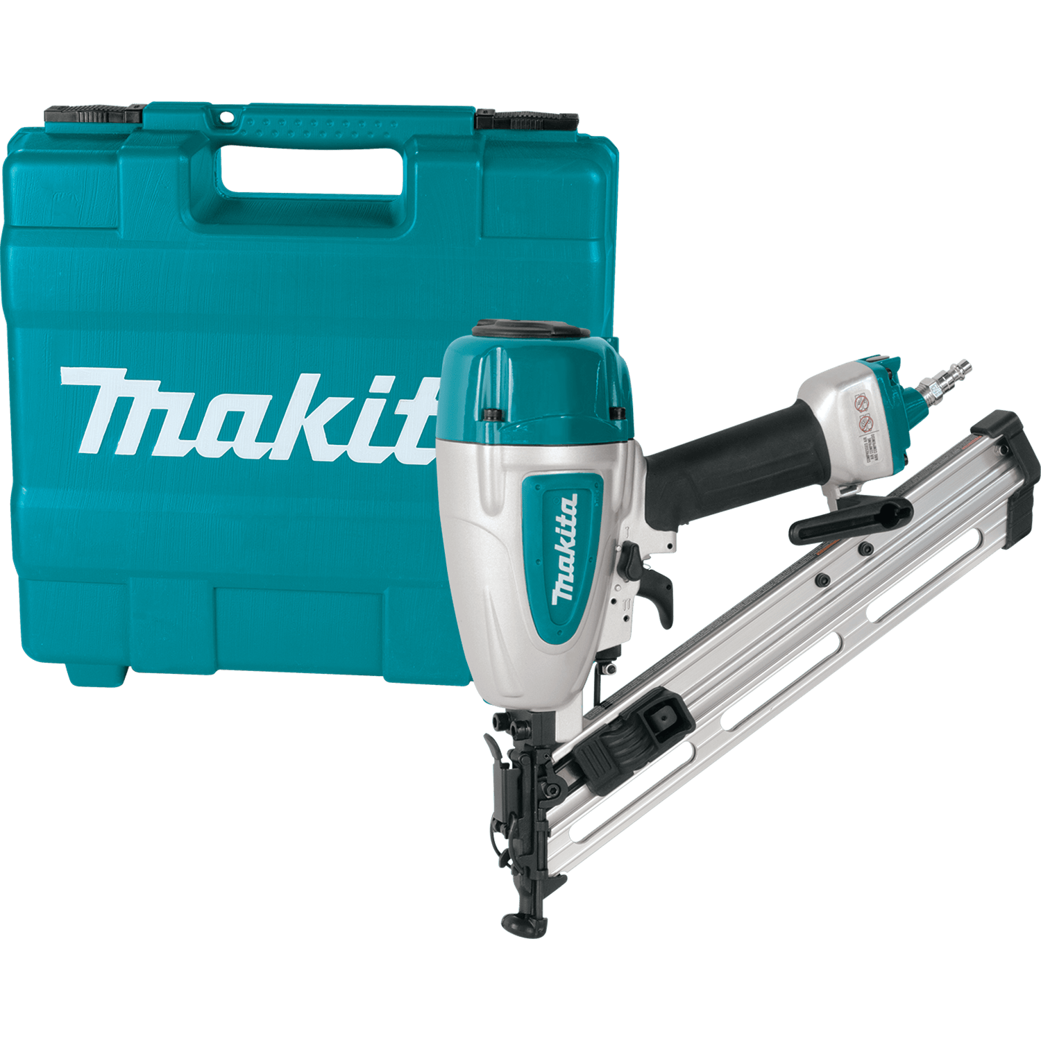 Makita AF635 pneumatic 15 gauge 34 degree angled finish nailer kit, displaying the air powered tool, safety glasses, tool oil, and protective teal hard case for woodworking.