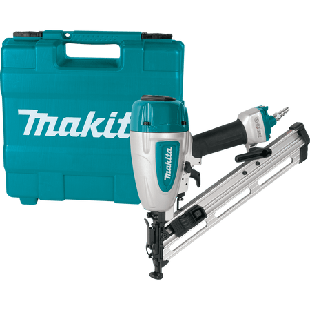 Makita AF635 pneumatic 15 gauge 34 degree angled finish nailer kit, displaying the air powered tool, safety glasses, tool oil, and protective teal hard case for woodworking.