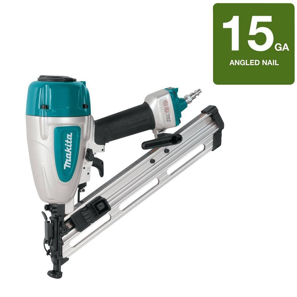 Makita nail gun with 15 GA angled nail label on a white background