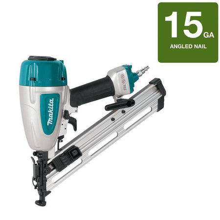 Makita nail gun with 15 GA angled nail label on a white background