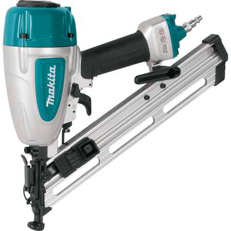 Right side profile of the Makita AF635 pneumatic 15 gauge angled finish nailer, highlighting the durable magnesium body, integrated rubber soft grip, and 34-degree aluminum magazine.
