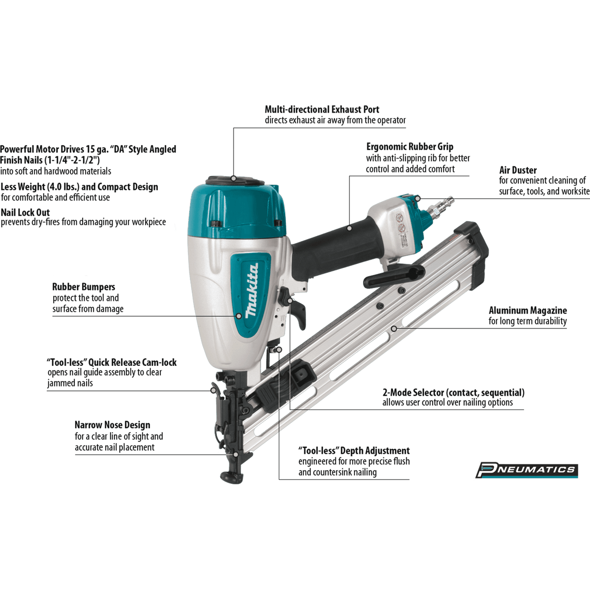Left side profile of the Makita 15 gauge air powered angled finish nailer showcasing the reversible belt hook and 100-nail capacity rear-loading magazine.