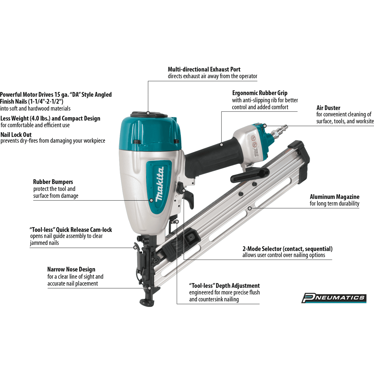 Left side profile of the Makita 15 gauge air powered angled finish nailer showcasing the reversible belt hook and 100-nail capacity rear-loading magazine.