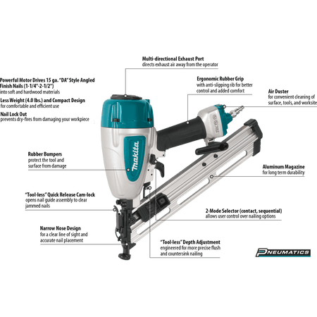 Left side profile of the Makita 15 gauge air powered angled finish nailer showcasing the reversible belt hook and 100-nail capacity rear-loading magazine.