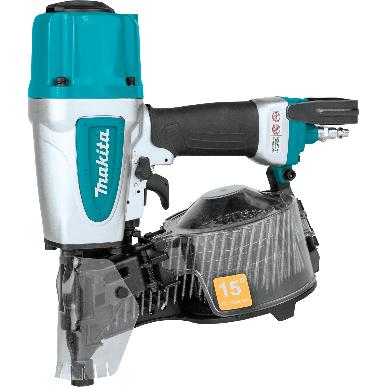 Makita AN613 2-1/2 inch pneumatic 15 degree siding coil nailer kit, displaying the air powered nail gun and its protective teal hard tool case.