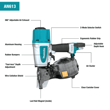 Diagram of the Makita AN613 pneumatic siding coil nailer highlighting key features including the tool-less depth adjustment, clear canister cover, and built-in air duster.