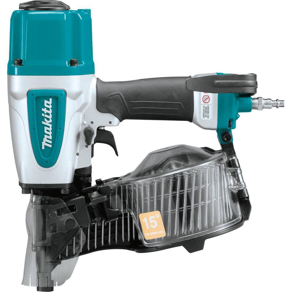 Right side profile of the Makita AN613 15 degree pneumatic siding coil nailer showcasing the clear loading canister and durable lightweight aluminum housing.