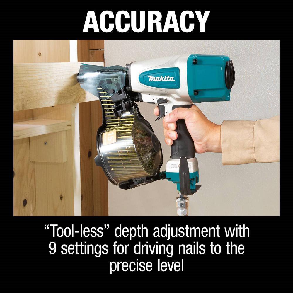 A contractor using the tool-less depth adjustment dial with 9 detent settings on the Makita AN613 pneumatic siding coil nailer for precise flush fastening.