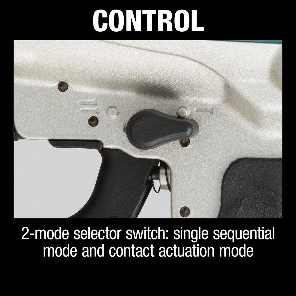 Detailed view of the 2-mode selector switch on the Makita AN613 air powered siding nail gun, engineered for optimal control during wood and fiber cement siding installations.