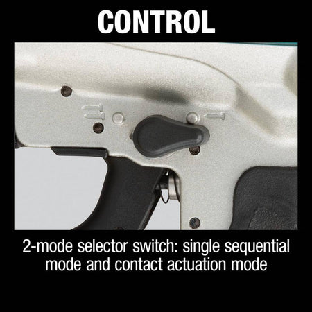 Detailed view of the 2-mode selector switch on the Makita AN613 air powered siding nail gun, engineered for optimal control during wood and fiber cement siding installations.