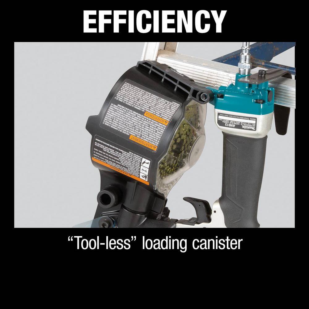 Close-up of the open tool-less loading canister on the Makita AN613 15 degree coil nailer, allowing for fast and efficient reloading of wire and plastic collated nails.