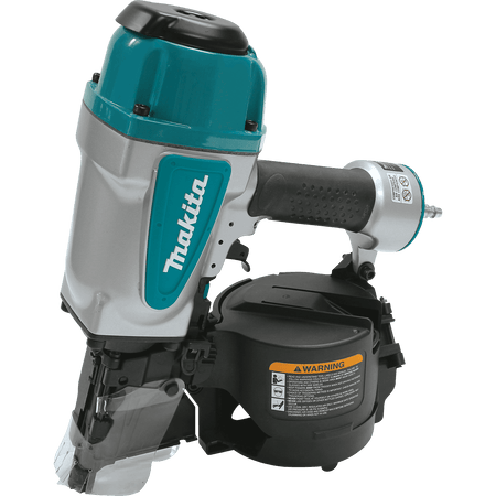 Makita AN902 pneumatic 3-1/2 inch coil framing nailer featuring a high-capacity canister for 15 degree wire collated nails and a durable aluminum body.