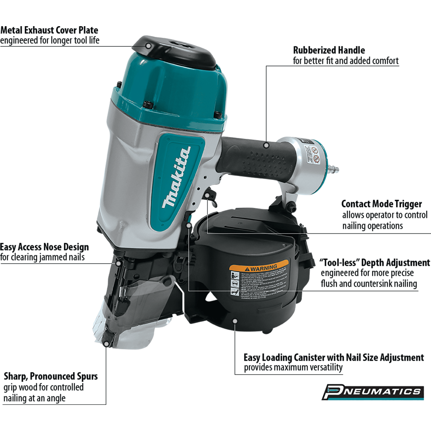 Diagram of the Makita AN902 pneumatic coil framing nailer highlighting key features including the metal exhaust cover plate, rubberized handle, tool-less depth adjustment, and easy loading canister.