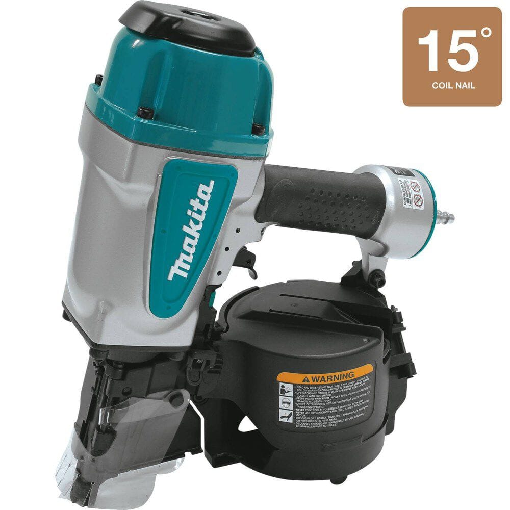 Makita AN902 3-1/2 inch pneumatic coil framing nailer displaying a graphic overlay for 15 degree coil nail compatibility and a large black adjustable loading canister.