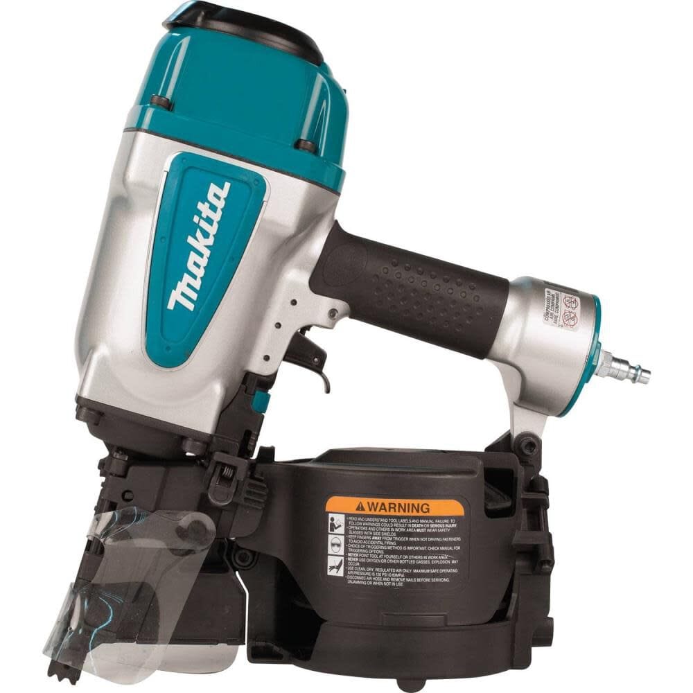 Side view of the Makita AN902 air powered framing nailer showcasing the sharp pronounced spurs on the nose piece designed for controlled toe-nailing at an angle.