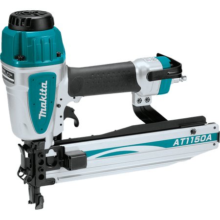 Makita AT1150A pneumatic 16 gauge 7/16 inch medium crown stapler kit resting next to its durable teal hard tool case for storage and transport.