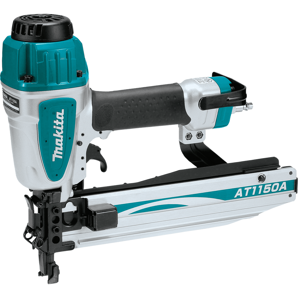 Makita AT1150A pneumatic 16 gauge 7/16 inch medium crown stapler kit resting next to its durable teal hard tool case for storage and transport.